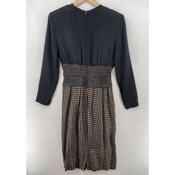 ST. GILLIAN SILKS Dress 4 Sheath Midi Printed Draped Long Sleeve Black Vintage - Picture 3 of 13